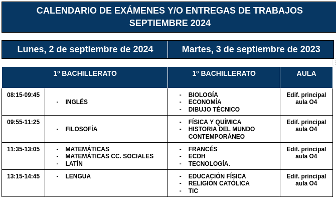 Calendario concovatoria extraordinaria 1 bachillerato 2023 24